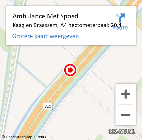 Locatie op kaart van de 112 melding: Ambulance Met Spoed Naar Kaag en Braassem, A4 hectometerpaal: 20,4 op 21 september 2024 16:41