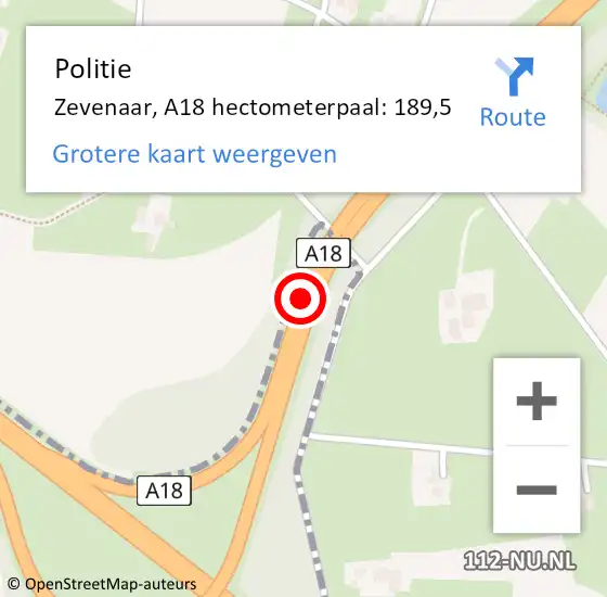 Locatie op kaart van de 112 melding: Politie Zevenaar, A18 hectometerpaal: 189,5 op 21 september 2024 17:01