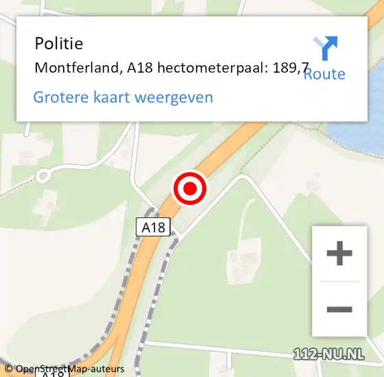 Locatie op kaart van de 112 melding: Politie Montferland, A18 hectometerpaal: 189,7 op 21 september 2024 17:02