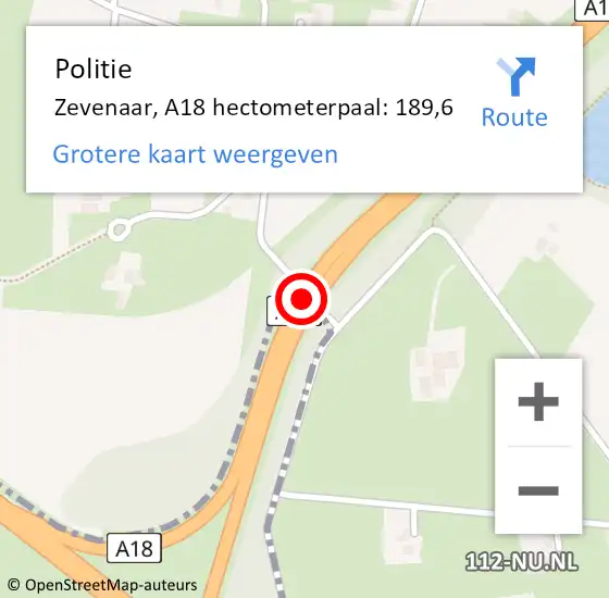 Locatie op kaart van de 112 melding: Politie Zevenaar, A18 hectometerpaal: 189,6 op 21 september 2024 17:03