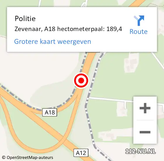 Locatie op kaart van de 112 melding: Politie Zevenaar, A18 hectometerpaal: 189,4 op 21 september 2024 17:07