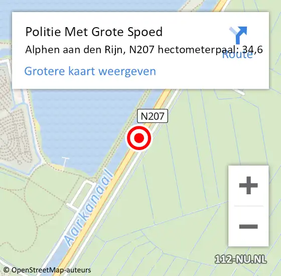 Locatie op kaart van de 112 melding: Politie Met Grote Spoed Naar Alphen aan den Rijn, N207 hectometerpaal: 34,6 op 21 september 2024 17:37