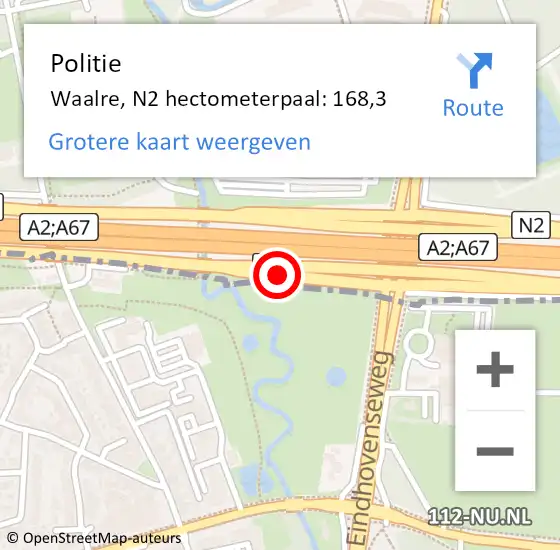 Locatie op kaart van de 112 melding: Politie Waalre, N2 hectometerpaal: 168,3 op 21 september 2024 17:41