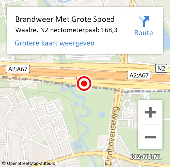 Locatie op kaart van de 112 melding: Brandweer Met Grote Spoed Naar Waalre, N2 hectometerpaal: 168,3 op 21 september 2024 17:42