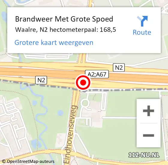 Locatie op kaart van de 112 melding: Brandweer Met Grote Spoed Naar Waalre, N2 hectometerpaal: 168,5 op 21 september 2024 17:44