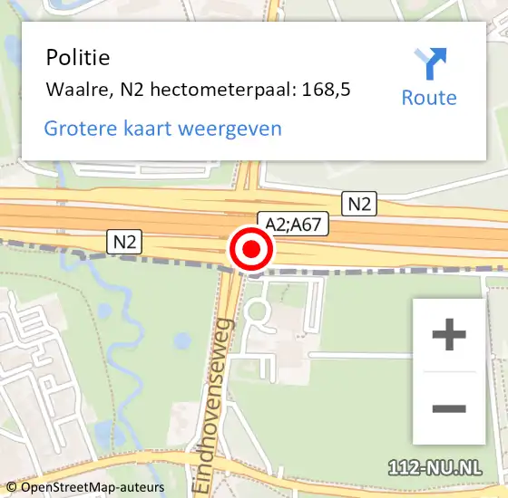 Locatie op kaart van de 112 melding: Politie Waalre, N2 hectometerpaal: 168,5 op 21 september 2024 17:47