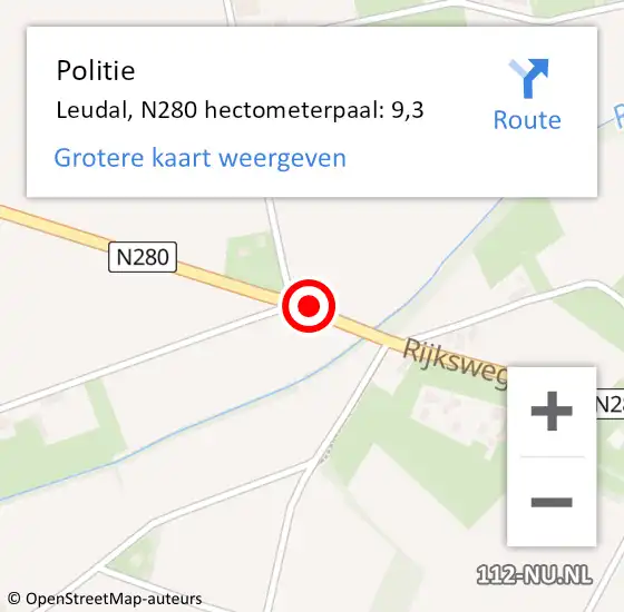 Locatie op kaart van de 112 melding: Politie Leudal, N280 hectometerpaal: 9,3 op 21 september 2024 18:36