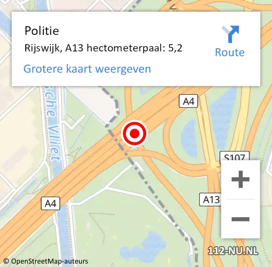 Locatie op kaart van de 112 melding: Politie Rijswijk, A13 hectometerpaal: 5,2 op 21 september 2024 19:29