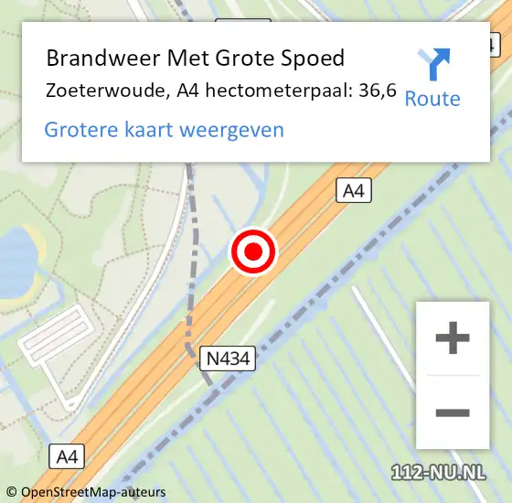 Locatie op kaart van de 112 melding: Brandweer Met Grote Spoed Naar Zoeterwoude, A4 hectometerpaal: 36,6 op 21 september 2024 20:03