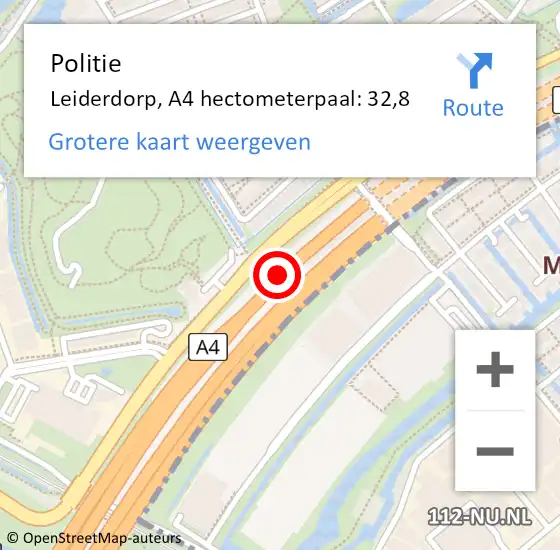 Locatie op kaart van de 112 melding: Politie Leiderdorp, A4 hectometerpaal: 32,8 op 21 september 2024 20:13