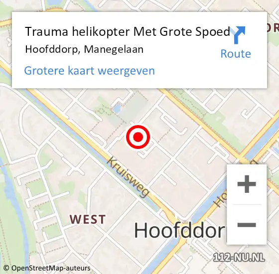 Locatie op kaart van de 112 melding: Trauma helikopter Met Grote Spoed Naar Hoofddorp, Manegelaan op 21 september 2024 20:39