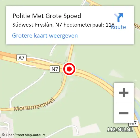 Locatie op kaart van de 112 melding: Politie Met Grote Spoed Naar Súdwest-Fryslân, N7 hectometerpaal: 118 op 21 september 2024 21:14