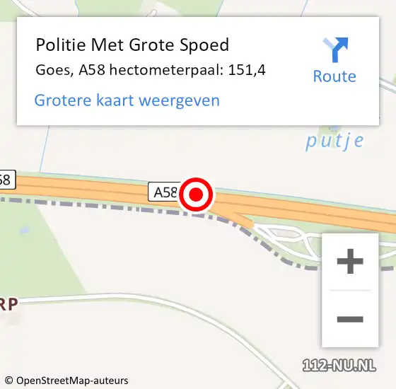 Locatie op kaart van de 112 melding: Politie Met Grote Spoed Naar Goes, A58 hectometerpaal: 151,4 op 21 september 2024 22:39