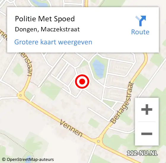 Locatie op kaart van de 112 melding: Politie Met Spoed Naar Dongen, Maczekstraat op 22 september 2024 02:24