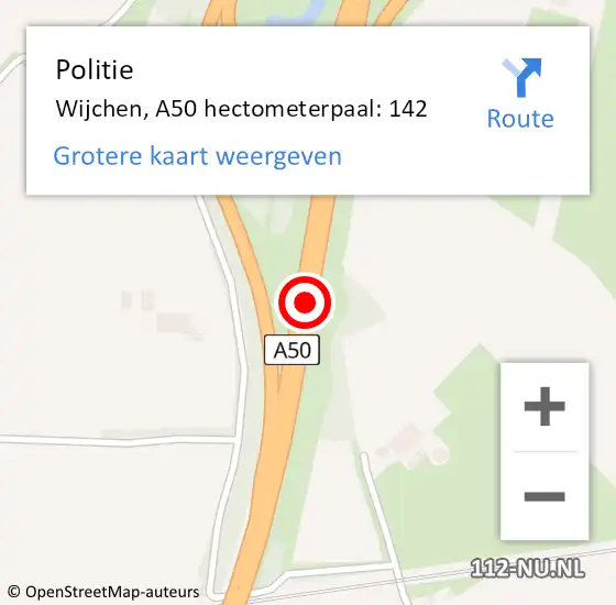 Locatie op kaart van de 112 melding: Politie Wijchen, A50 hectometerpaal: 142 op 22 september 2024 02:52