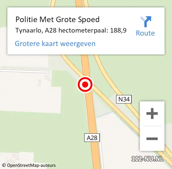 Locatie op kaart van de 112 melding: Politie Met Grote Spoed Naar Tynaarlo, A28 hectometerpaal: 188,9 op 22 september 2024 07:28