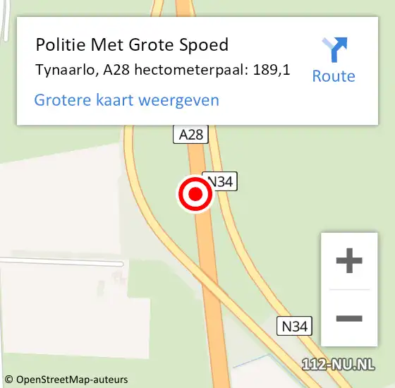 Locatie op kaart van de 112 melding: Politie Met Grote Spoed Naar Tynaarlo, A28 hectometerpaal: 189,1 op 22 september 2024 07:28