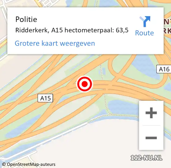 Locatie op kaart van de 112 melding: Politie Ridderkerk, A15 hectometerpaal: 63,5 op 22 september 2024 13:01