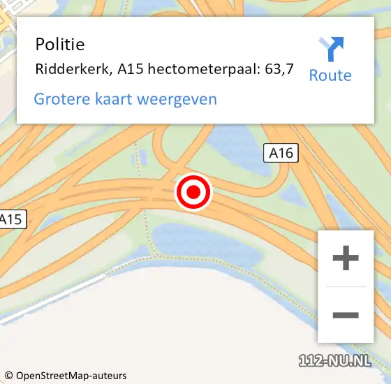 Locatie op kaart van de 112 melding: Politie Ridderkerk, A15 hectometerpaal: 63,7 op 22 september 2024 13:01