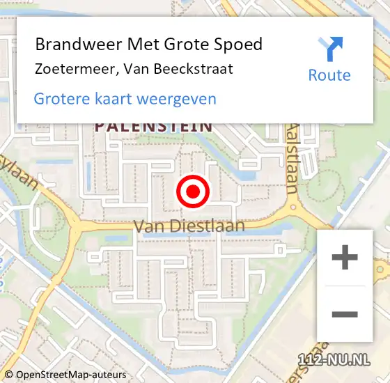 Locatie op kaart van de 112 melding: Brandweer Met Grote Spoed Naar Zoetermeer, Van Beeckstraat op 22 september 2024 13:33