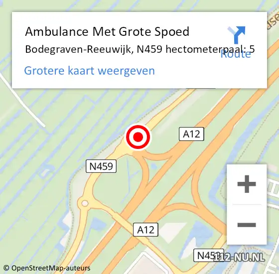 Locatie op kaart van de 112 melding: Ambulance Met Grote Spoed Naar Bodegraven-Reeuwijk, N459 hectometerpaal: 5 op 22 september 2024 14:43