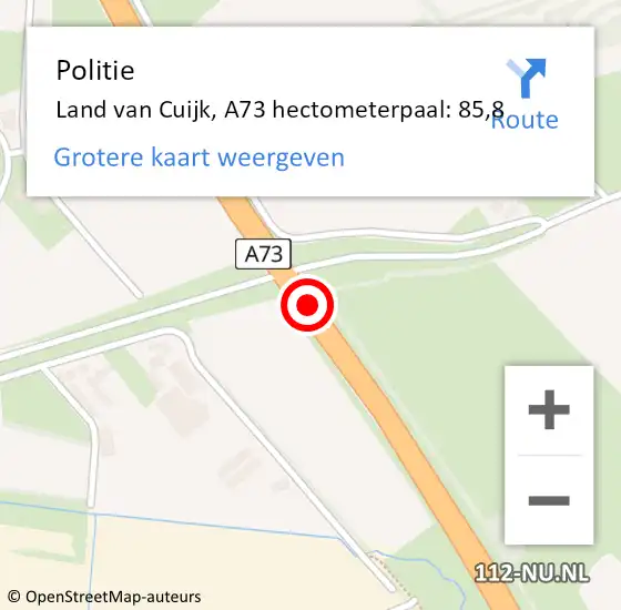 Locatie op kaart van de 112 melding: Politie Land van Cuijk, A73 hectometerpaal: 85,8 op 22 september 2024 15:08