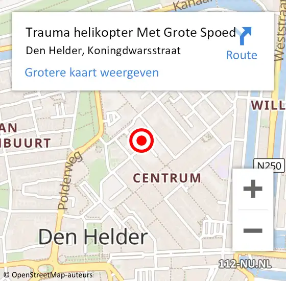 Locatie op kaart van de 112 melding: Trauma helikopter Met Grote Spoed Naar Den Helder, Koningdwarsstraat op 22 september 2024 15:42