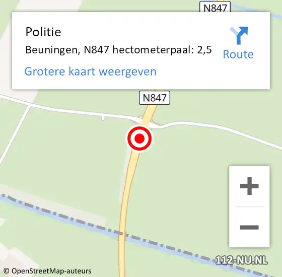 Locatie op kaart van de 112 melding: Politie Beuningen, N847 hectometerpaal: 2,5 op 22 september 2024 16:08