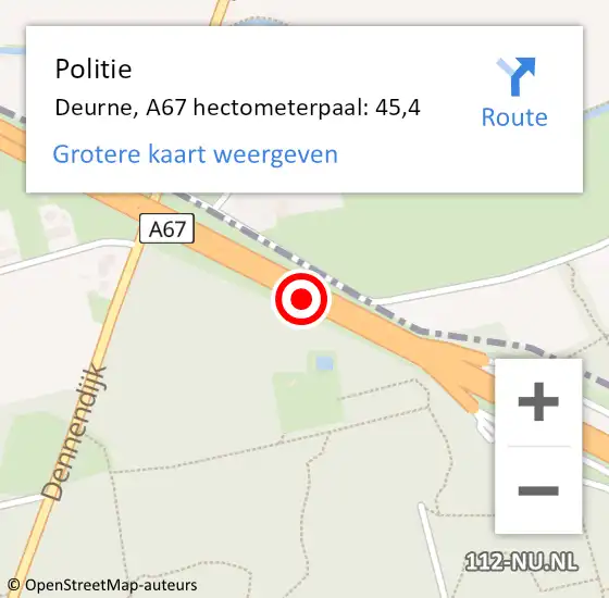 Locatie op kaart van de 112 melding: Politie Deurne, A67 hectometerpaal: 45,4 op 22 september 2024 16:12