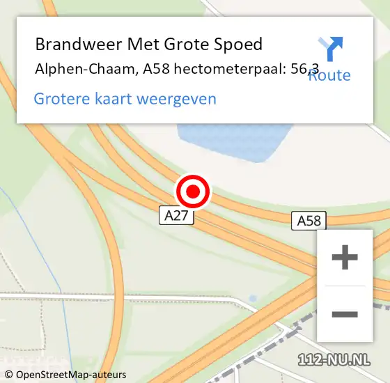 Locatie op kaart van de 112 melding: Brandweer Met Grote Spoed Naar Alphen-Chaam, A58 hectometerpaal: 56,3 op 22 september 2024 16:50