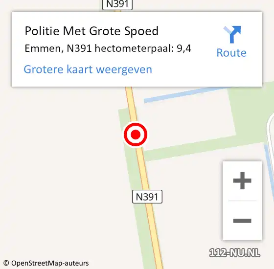 Locatie op kaart van de 112 melding: Politie Met Grote Spoed Naar Emmen, N391 hectometerpaal: 9,4 op 22 september 2024 16:51