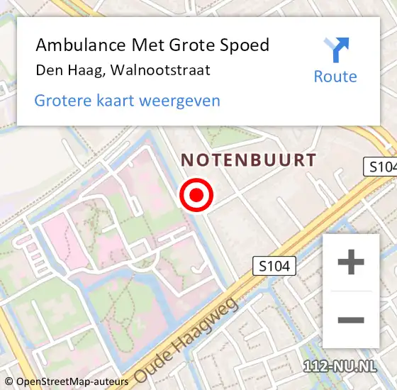 Locatie op kaart van de 112 melding: Ambulance Met Grote Spoed Naar Den Haag, Walnootstraat op 22 september 2024 18:31