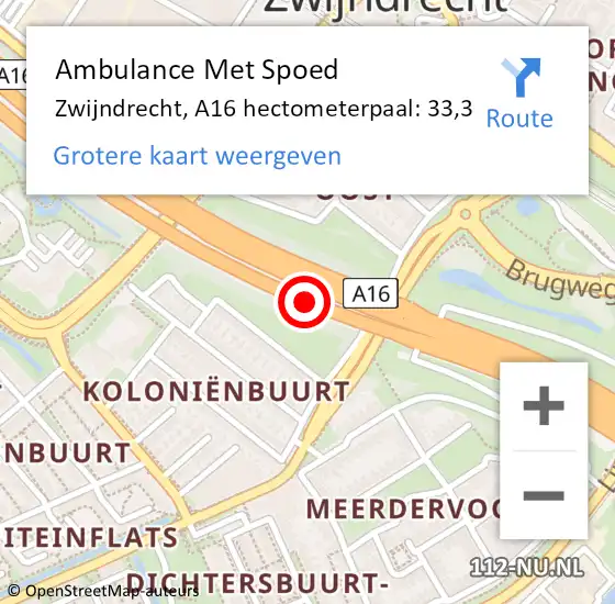 Locatie op kaart van de 112 melding: Ambulance Met Spoed Naar Zwijndrecht, A16 hectometerpaal: 33,3 op 22 september 2024 19:47