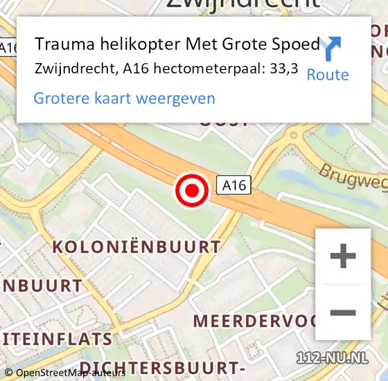 Locatie op kaart van de 112 melding: Trauma helikopter Met Grote Spoed Naar Zwijndrecht, A16 hectometerpaal: 33,3 op 22 september 2024 19:52