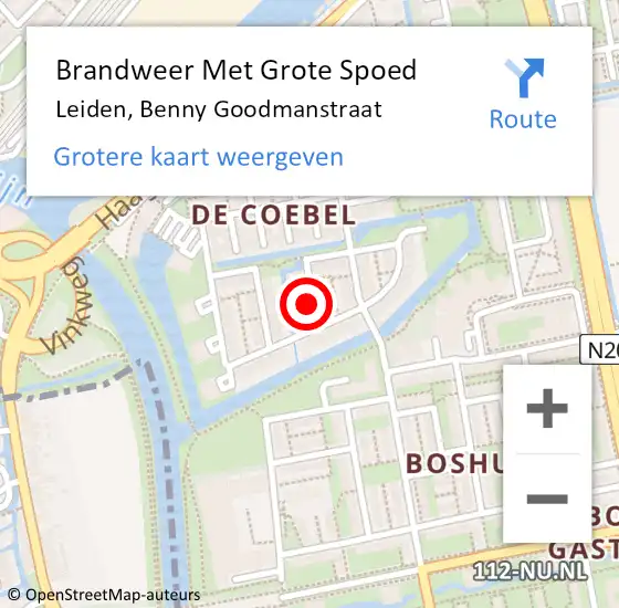 Locatie op kaart van de 112 melding: Brandweer Met Grote Spoed Naar Leiden, Benny Goodmanstraat op 22 september 2024 20:04