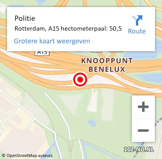 Locatie op kaart van de 112 melding: Politie Rotterdam, A15 hectometerpaal: 50,5 op 22 september 2024 22:38