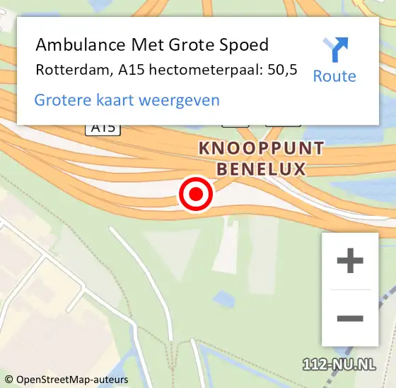 Locatie op kaart van de 112 melding: Ambulance Met Grote Spoed Naar Rotterdam, A15 hectometerpaal: 50,5 op 22 september 2024 22:39