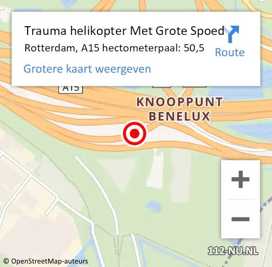 Locatie op kaart van de 112 melding: Trauma helikopter Met Grote Spoed Naar Rotterdam, A15 hectometerpaal: 50,5 op 22 september 2024 22:40