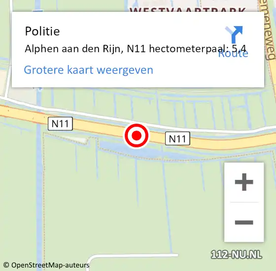 Locatie op kaart van de 112 melding: Politie Alphen aan den Rijn, N11 hectometerpaal: 5,4 op 22 september 2024 23:06