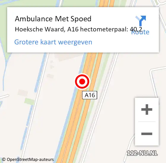 Locatie op kaart van de 112 melding: Ambulance Met Spoed Naar Hoeksche Waard, A16 hectometerpaal: 40,2 op 22 september 2024 23:39