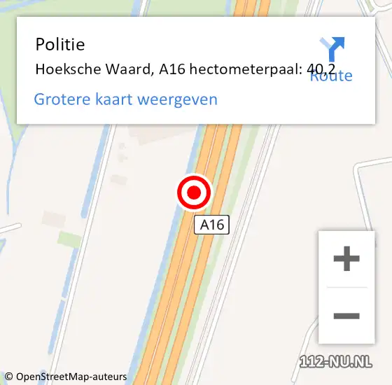 Locatie op kaart van de 112 melding: Politie Hoeksche Waard, A16 hectometerpaal: 40,2 op 22 september 2024 23:41