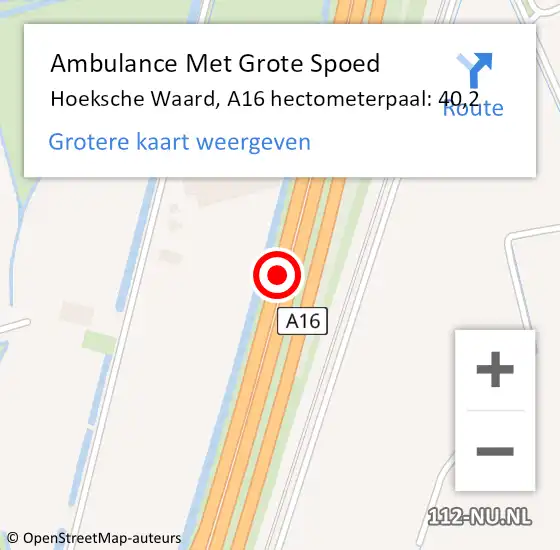 Locatie op kaart van de 112 melding: Ambulance Met Grote Spoed Naar Hoeksche Waard, A16 hectometerpaal: 40,2 op 22 september 2024 23:41