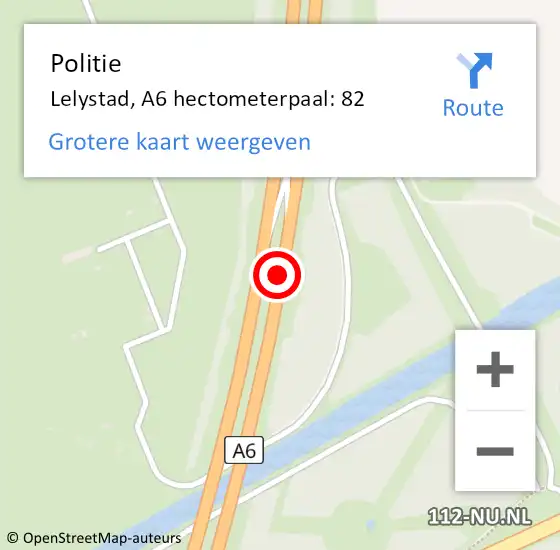 Locatie op kaart van de 112 melding: Politie Lelystad, A6 hectometerpaal: 82 op 23 september 2024 05:32