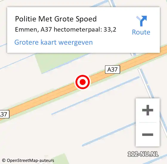 Locatie op kaart van de 112 melding: Politie Met Grote Spoed Naar Emmen, A37 hectometerpaal: 33,2 op 23 september 2024 05:57