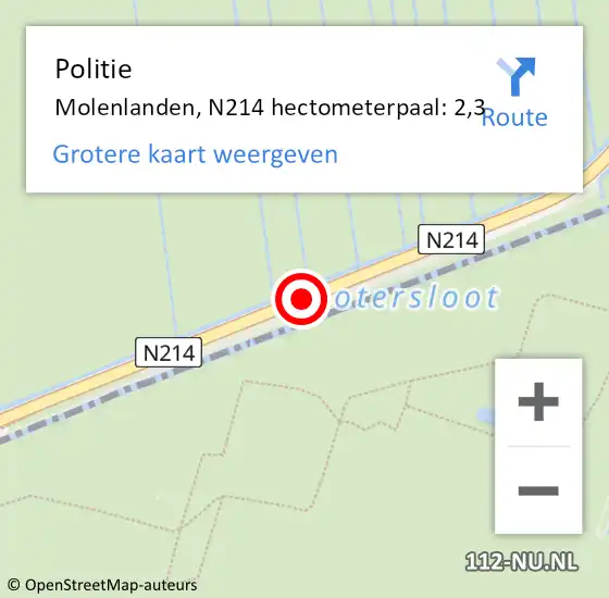 Locatie op kaart van de 112 melding: Politie Molenlanden, N214 hectometerpaal: 2,3 op 23 september 2024 07:23