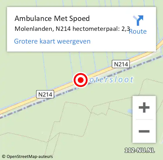 Locatie op kaart van de 112 melding: Ambulance Met Spoed Naar Molenlanden, N214 hectometerpaal: 2,3 op 23 september 2024 07:24