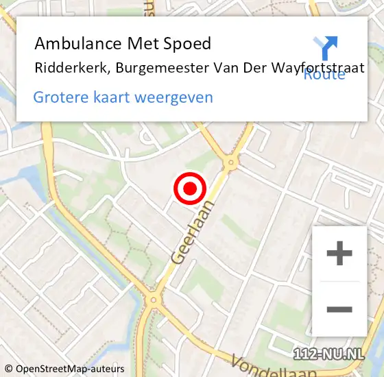 Locatie op kaart van de 112 melding: Ambulance Met Spoed Naar Ridderkerk, Burgemeester Van Der Wayfortstraat op 23 september 2024 08:04