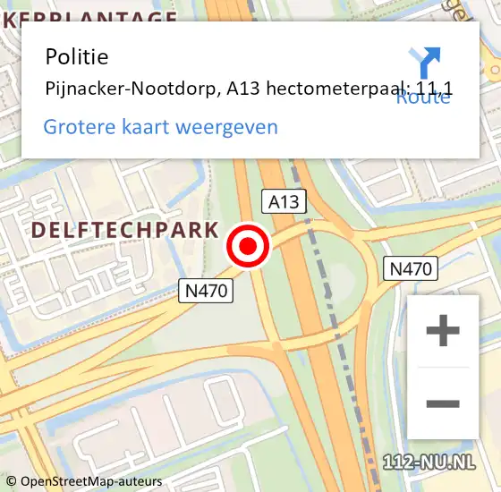 Locatie op kaart van de 112 melding: Politie Pijnacker-Nootdorp, A13 hectometerpaal: 11,1 op 23 september 2024 08:19