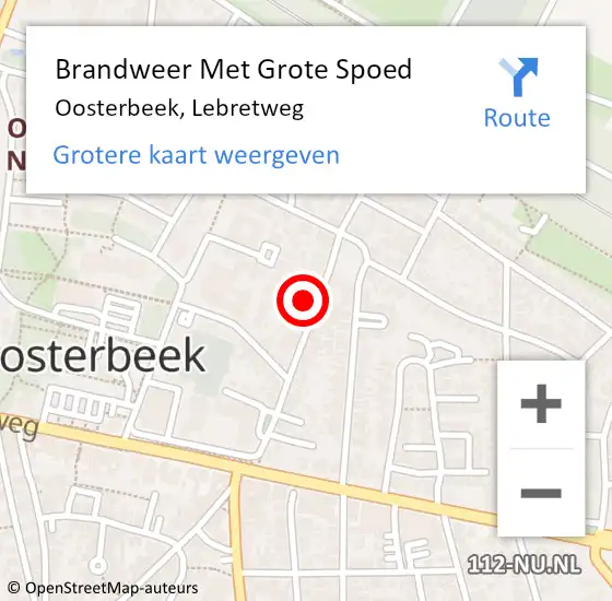 Locatie op kaart van de 112 melding: Brandweer Met Grote Spoed Naar Oosterbeek, Lebretweg op 23 september 2024 09:17