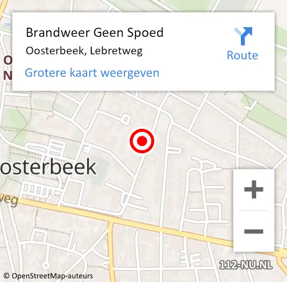 Locatie op kaart van de 112 melding: Brandweer Geen Spoed Naar Oosterbeek, Lebretweg op 23 september 2024 09:36